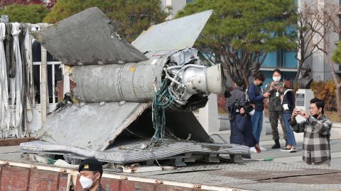 The remains of a North Korean missile, salvaged from the sea, which was identified as a Soviet-era SA-5 surface-to-air missile, on November 9.