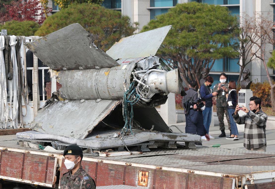 The remnants of a North Korean missile, salvaged from the sea, that was identified as a Soviet-era SA-5 surface-to-air missile, on November 9.