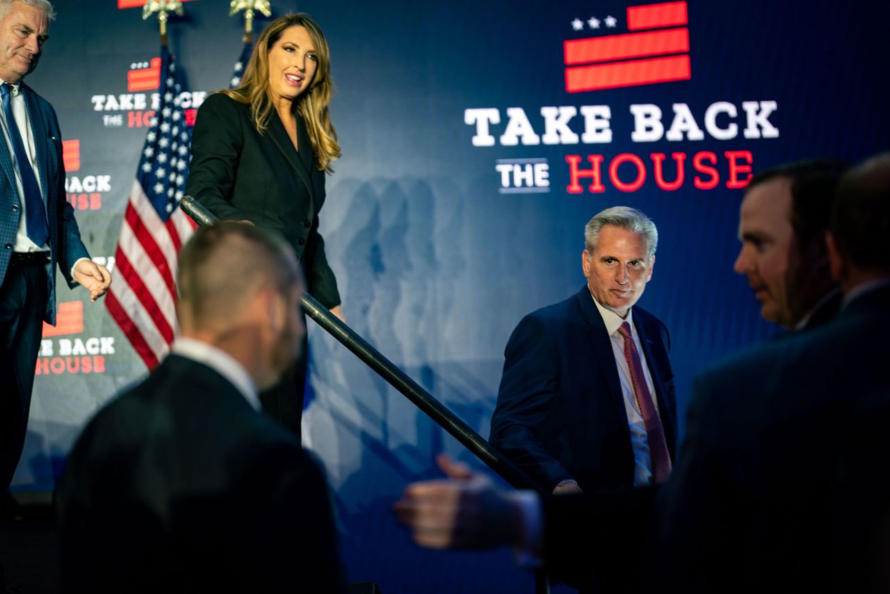 House Minority Leader Kevin McCarthy, second from right, prepares to leave after addressing a crowd at an election night watch party in Washington, DC.