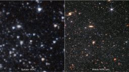 A portion of the dwarf galaxy Wolf--Lundmark--Melotte (WLM) captured by the Spitzer Space Telescope's Infrared Array Camera (left) and the James Webb Space Telescope's Near-Infrared Camera (right). The images demonstrate Webb's remarkable ability to resolve faint stars outside the Milky Way. The Spitzer image shows 3.6-micron light in cyan and 4.5-micron in orange. (IRAC1 and IRAC2). The Webb image includes 0.9-micron light shown in blue, 1.5-micron in cyan, 2.5-micron in yellow, and 4.3-micron in red (filters F090W, F150W, F250M, and F430M). 

