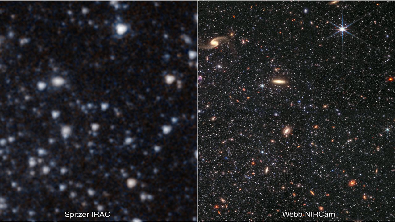 A portion of the dwarf galaxy Wolf--Lundmark--Melotte is shown, as captured by (from left) the Spitzer Space Telescope and the James Webb Space Telescope. Webb's image shows far more detail.