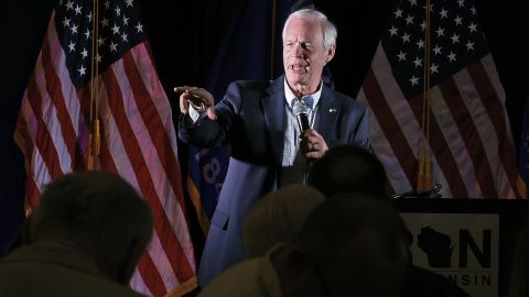 Sen. Ron Johnson talks to supporters during an election night party at on November 8, 2022 in Neenah, Wisconsin.
