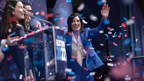 Gov. Kathy Hochul celebrates her successful election to the full term at an election night watch party in New York City on November 9, 2022.