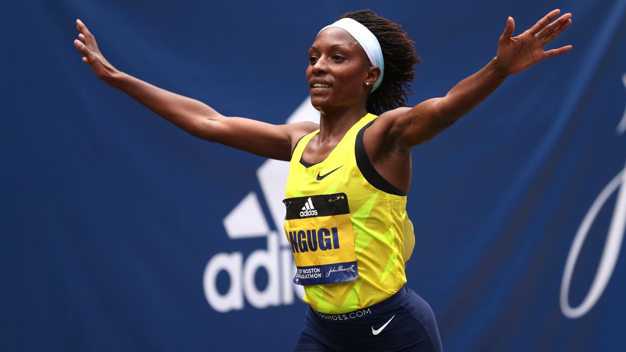 Mary Ngugi crosses the finish line in second place at last year's Boston Marathon. 