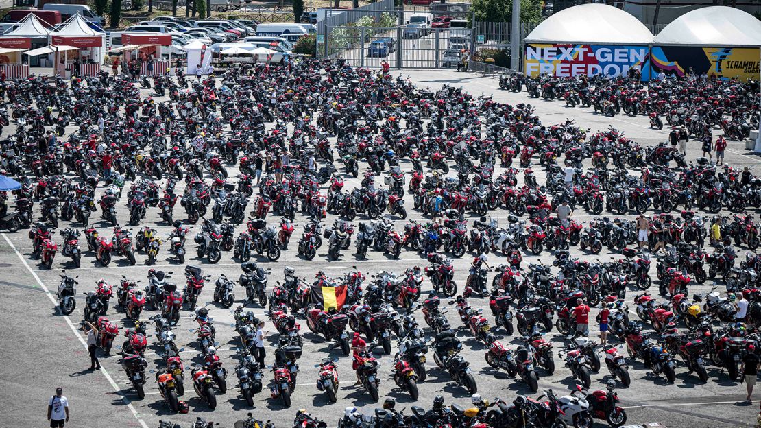 The parking lots are filled with thousands of Ducatis.