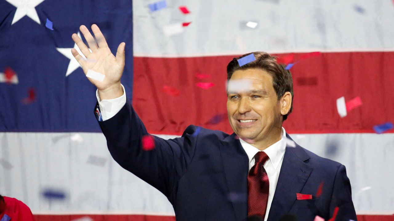 Republican Gov. Ron DeSantis of Florida celebrates onstage on election night in Tampa on November 8, 2022. 