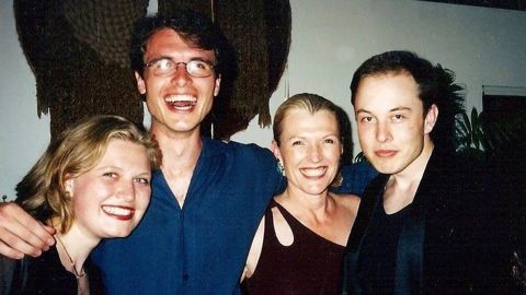 From left to right: Tosca Musk, Kimbal Musk, mother Maye Musk and Elon Musk at Maye's 50th birthday party in 1998.