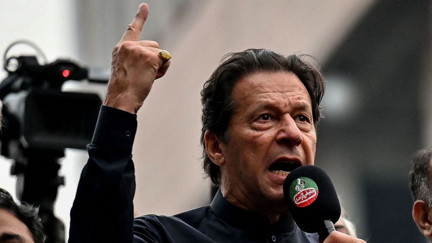 Pakistan's former prime minister Imran Khan (C) addresses his supporters during an anti-government march towards capital Islamabad, demanding early elections, in Gujranwala on November 1, 2022. (Photo by Arif ALI / AFP) (Photo by ARIF ALI/AFP via Getty Images)