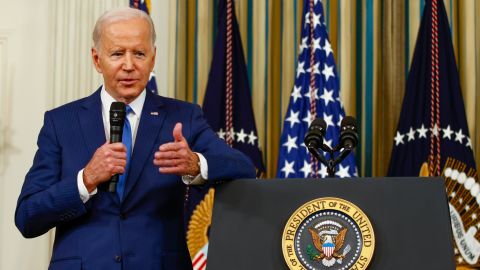 President Joe Biden takes questions from reporters after he delivered remarks in the State Dining Room on November 9, 2022.