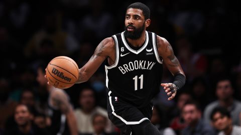 Kyrie Irving of the Brooklyn Nets brings the ball up the court during the fourth quarter of the game against the Chicago Bulls at Barclays Center on November 01, 2022 in New York City.