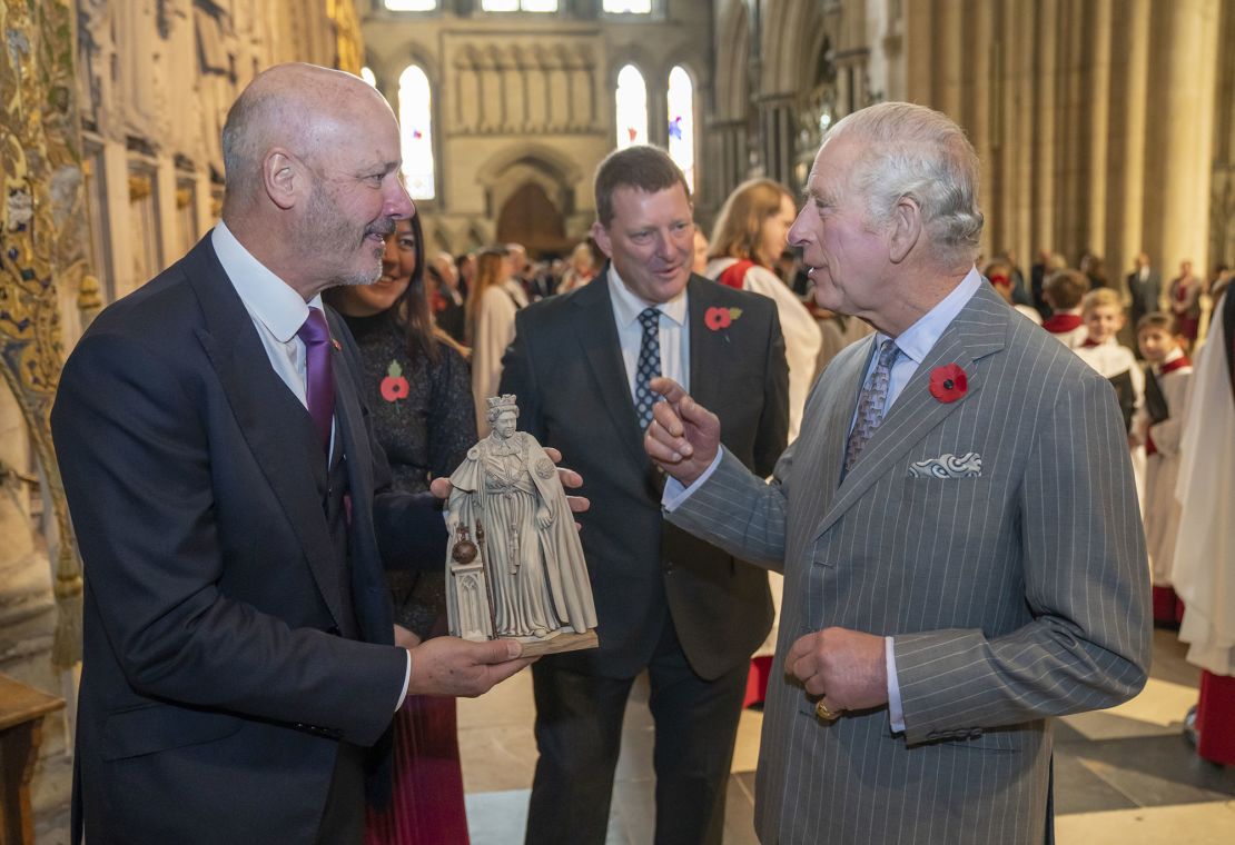 The King was presented with a model of the sculpture, which was designed and carved by York Minster stonemason Richard Bossons.