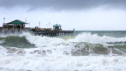 The ocean is whipped up by Tropical Storm Nicole near Anglin's Fishing Pier on November 09, 2022 in Lauderdale-By-The-Sea, Florida. 