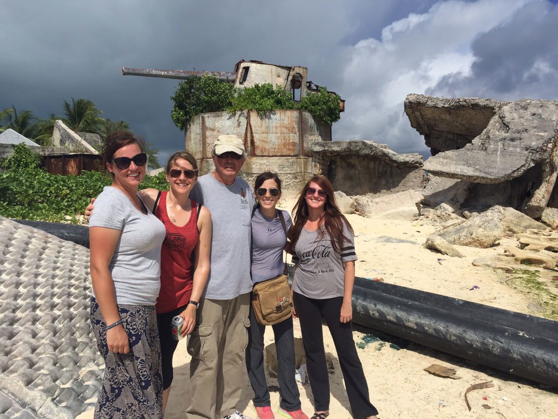 History Flight team on Tarawa, from left, archeologists Aundrea Thompson & Hillary Parsons, retired Korean War veteran John Craig Weatherell, archeologists Maddeline Voas & Heather Backo. 