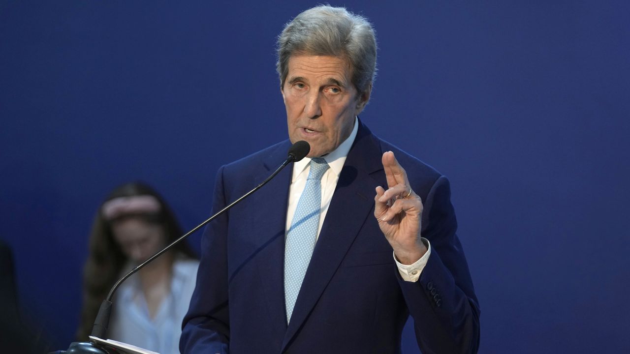 US climate envoy John Kerry speaks at a session on accelerating the clean energy transition on Wednesday at COP27 in Egypt.