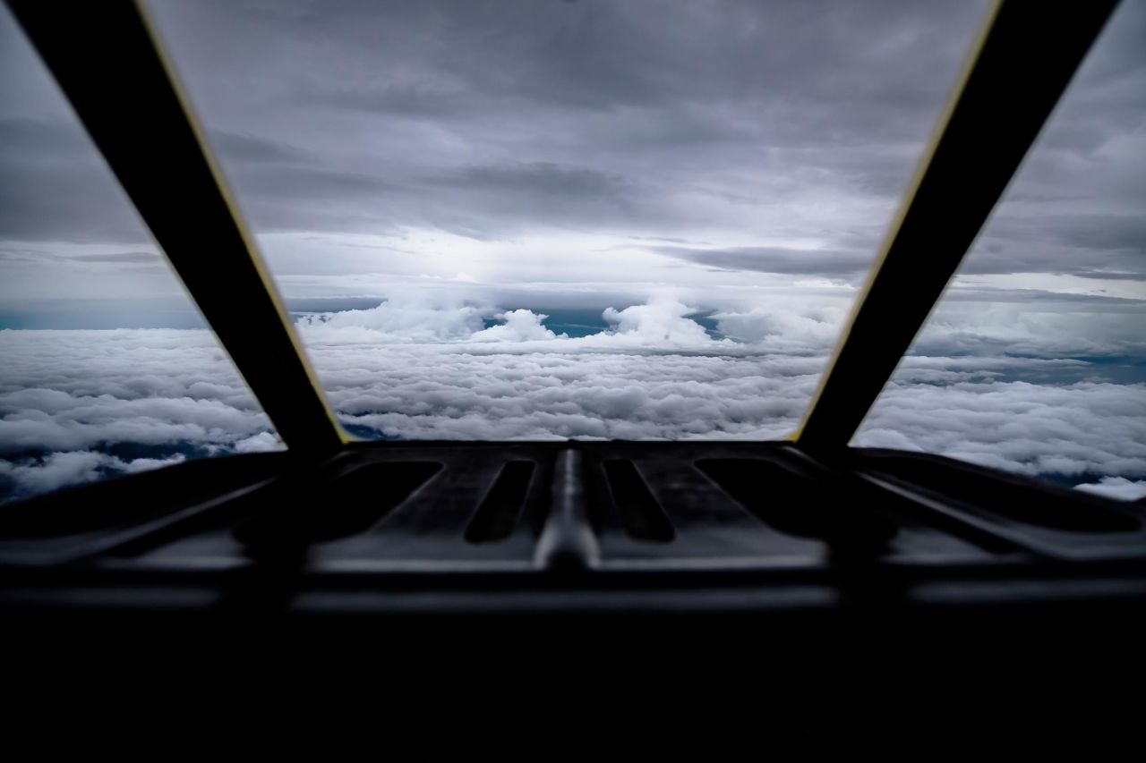 The view from the cockpit is often dramatic. Here, a plane approaches the edge of Hurricane Florence, a category 4 storm at the time, after taking off from Savannah Air National Guard Base, September 12, 2018. 