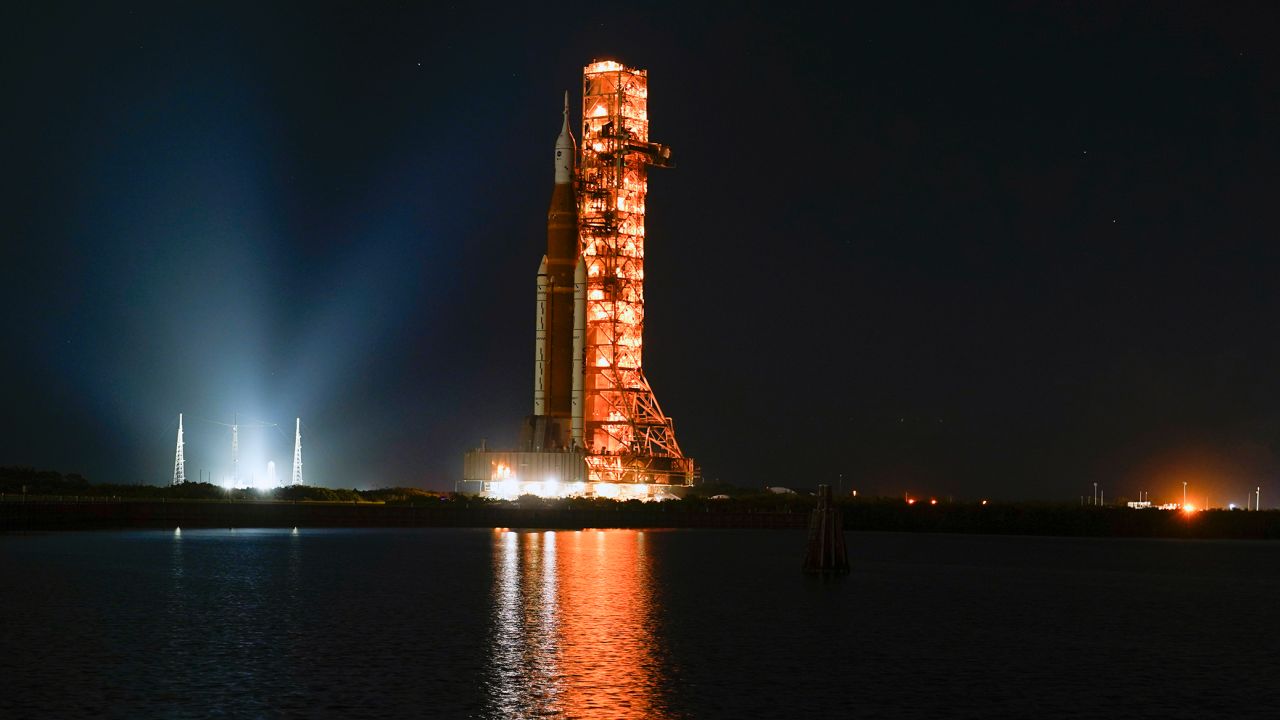 The NASA Space Launch System rocket makes its way from the Vehicle Assembly Building to its launchpad at Kennedy Space Center in Florida on November 4.