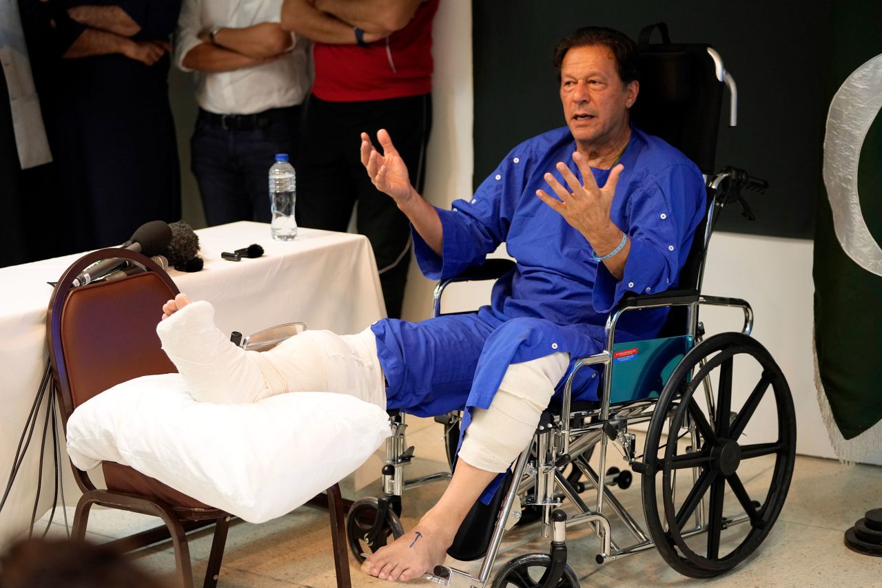 Former Pakistani Prime Minister Imran Khan speaks to the press at a hospital in Lahore, Pakistan, where he was being treated for gunshot wounds on Friday, November 4. <a href="https://www.cnn.com/2022/11/07/asia/imran-khan-pakistan-cnn-interview-shooting-intl/index.html" target="_blank">Khan was shot during a political rally</a> in an incident that his party has called an assassination attempt.