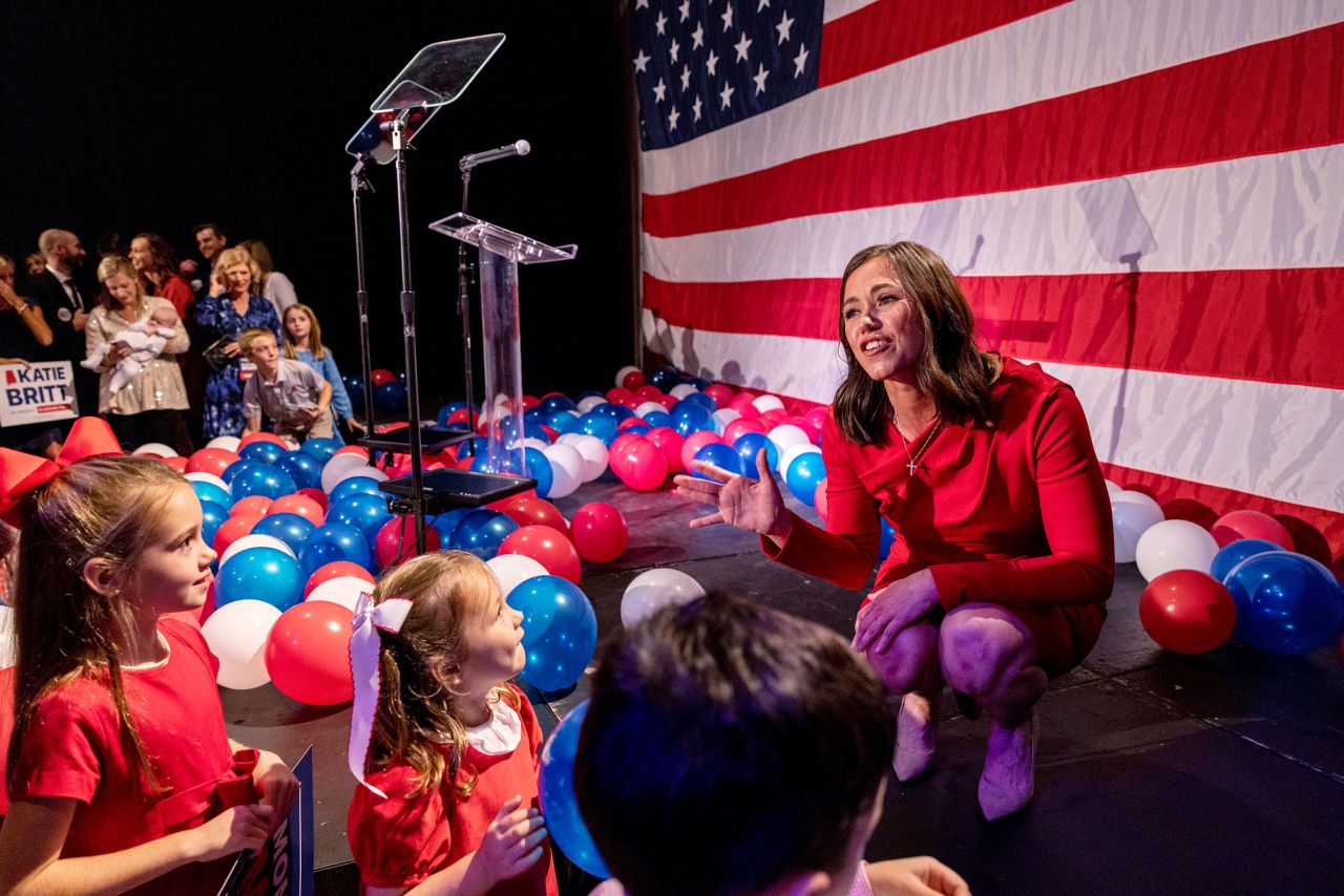 Katie Britt greets children at her election night watch party in Montgomery, Alabama, on Tuesday, November 8. The Republican will be Alabama's first elected female senator. Two women have previously represented Alabama in the Senate, but both were appointed to fill vacancies. <a href="https://www.cnn.com/2022/11/08/politics/2022-midterm-election-historic-firsts" target="_blank">See more historic firsts from Election Day</a>.