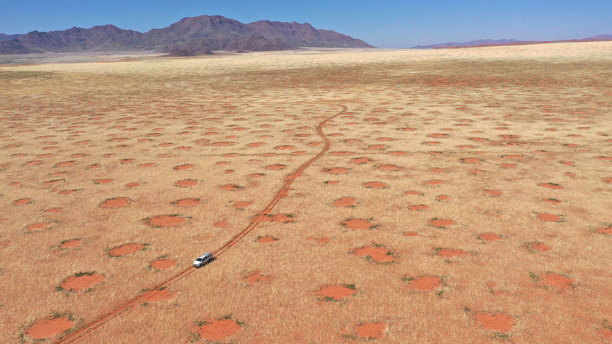 An April 2022 drone image shows the NamibRand Nature Reserve, one of the regions in Namibia where researchers undertook grass excavations, soil-moisture and infiltration measurements.