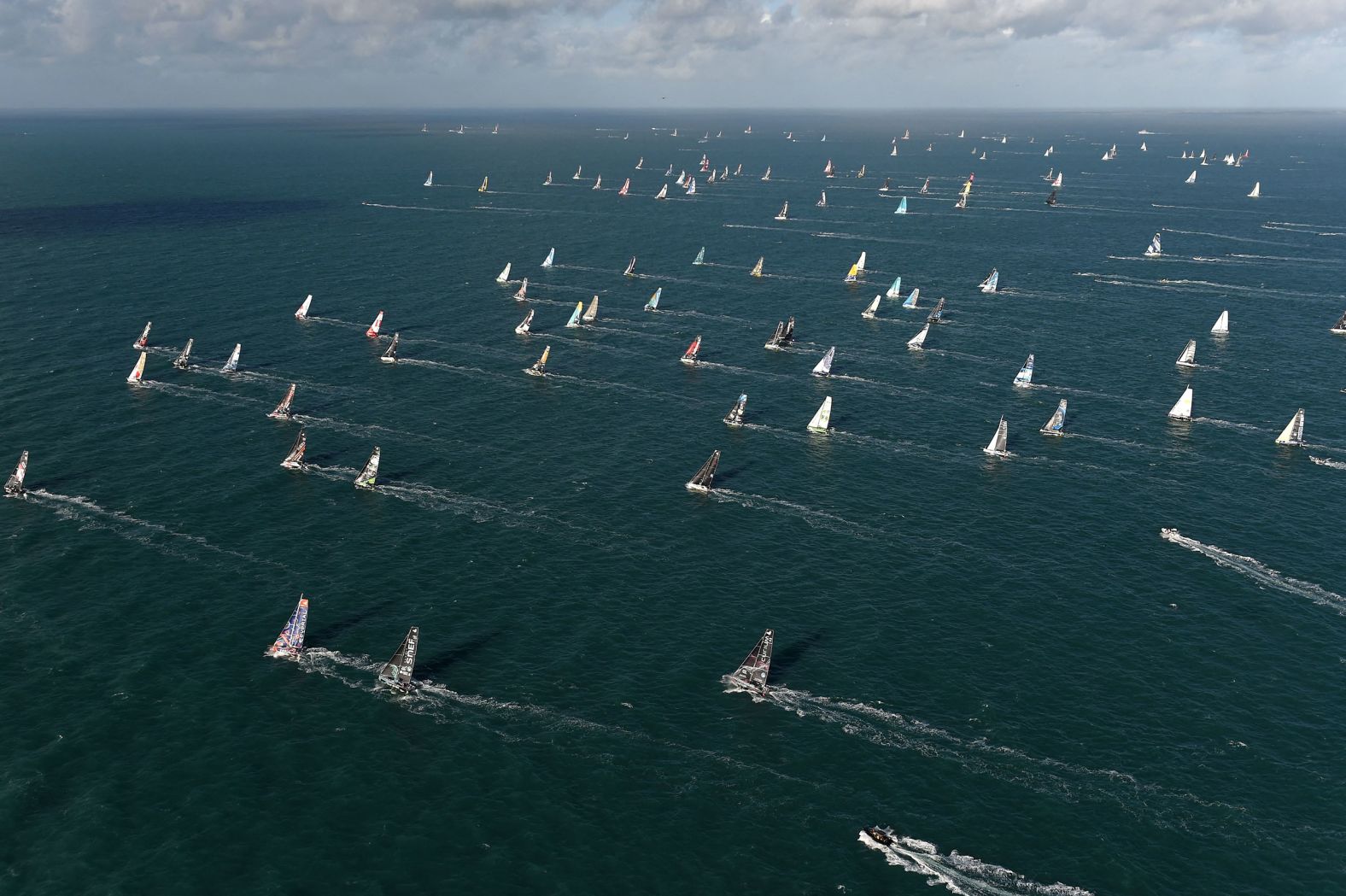 Skippers start the Route du Rhum sailing race off the coast of Saint-Malo, France, on Wednesday, November 9.