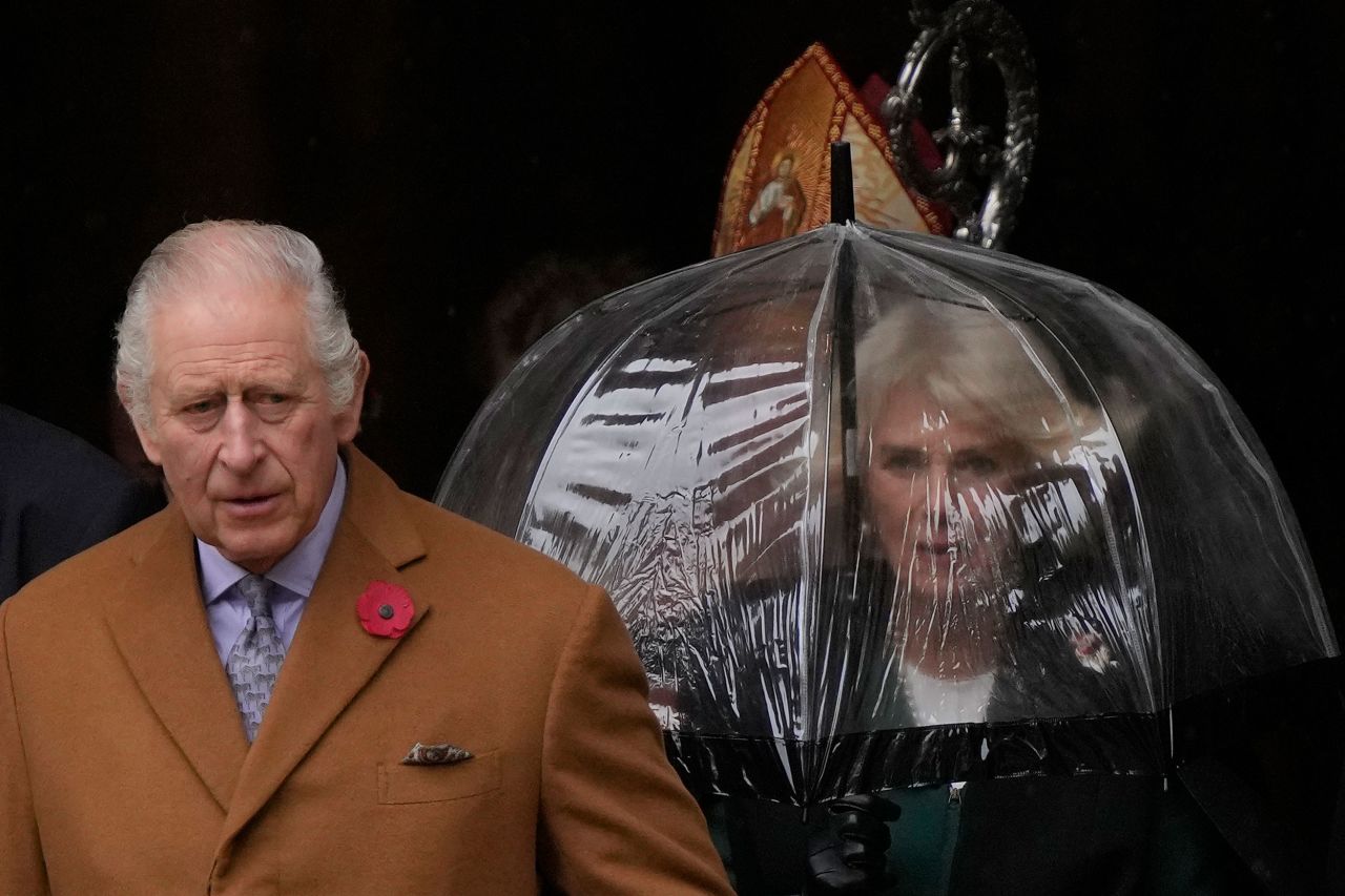 Britain's <a href="http://www.cnn.com/2022/09/08/europe/gallery/king-charles-iii/index.html" target="_blank">King Charles III</a> and his wife Camilla, the Queen Consort, walk out of York Minster on their way to <a href="https://www.cnn.com/style/article/queen-elizabeth-ii-statue-intl-scli/index.html" target="_blank">the unveiling of a Queen Elizabeth II statue</a> in York, England, on Wednesday, November 9. It's the first statue of the King's mother since her death in September.