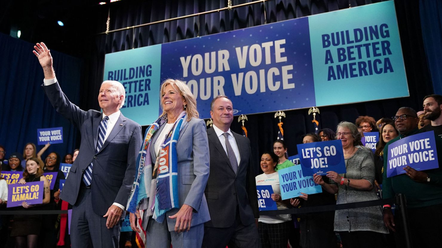 US President Joe Biden, first lady Jill Biden and second gentleman Doug Emhoff attend an event hosted by the Democratic National Committee to thank campaign workers, at Howard Theatre in Washington, DC, November 10, 2022. 