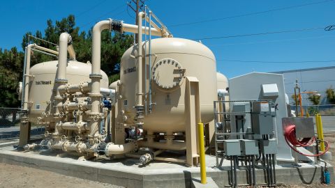 Pressure vessels hold an ion exchange resin media that filters out PFAS at a new water treatment plant along Kimberly Ave. in Fullerton, CA. The plant is used to remove PFAS, a family of chemicals used for waterproofing and stain-proofing among other uses.