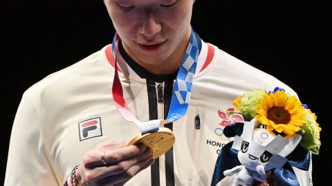 Hong Kong's Edgar Cheung received the gold medal for the men's individual foil on July 26, 2021 at the Tokyo Olympic Games.
