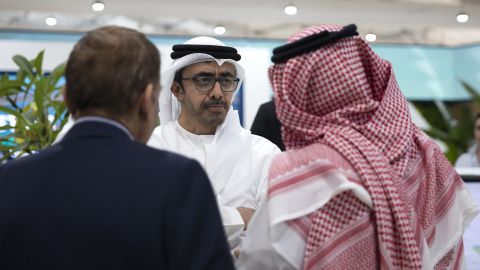 UAE Minister of Foreign Affairs and International Cooperation Sheikh Abdullah bin Zayed bin Sultan Al Nahyan visits the Saudi booth during the COP27 climate summit in Egypt's Sharm el-Sheikh on Thursday. 