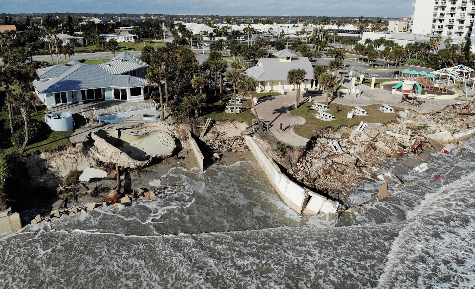 A view shows the destroyed pool of a beachfront house in Daytona Beach Shores on Friday.