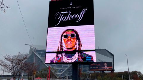 A sign announces the  service for rapper Takeoff at State Farm Arena on Friday.