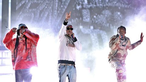 From left, Takeoff, Quavo and Offset of Migos perform in Los Angeles last year.