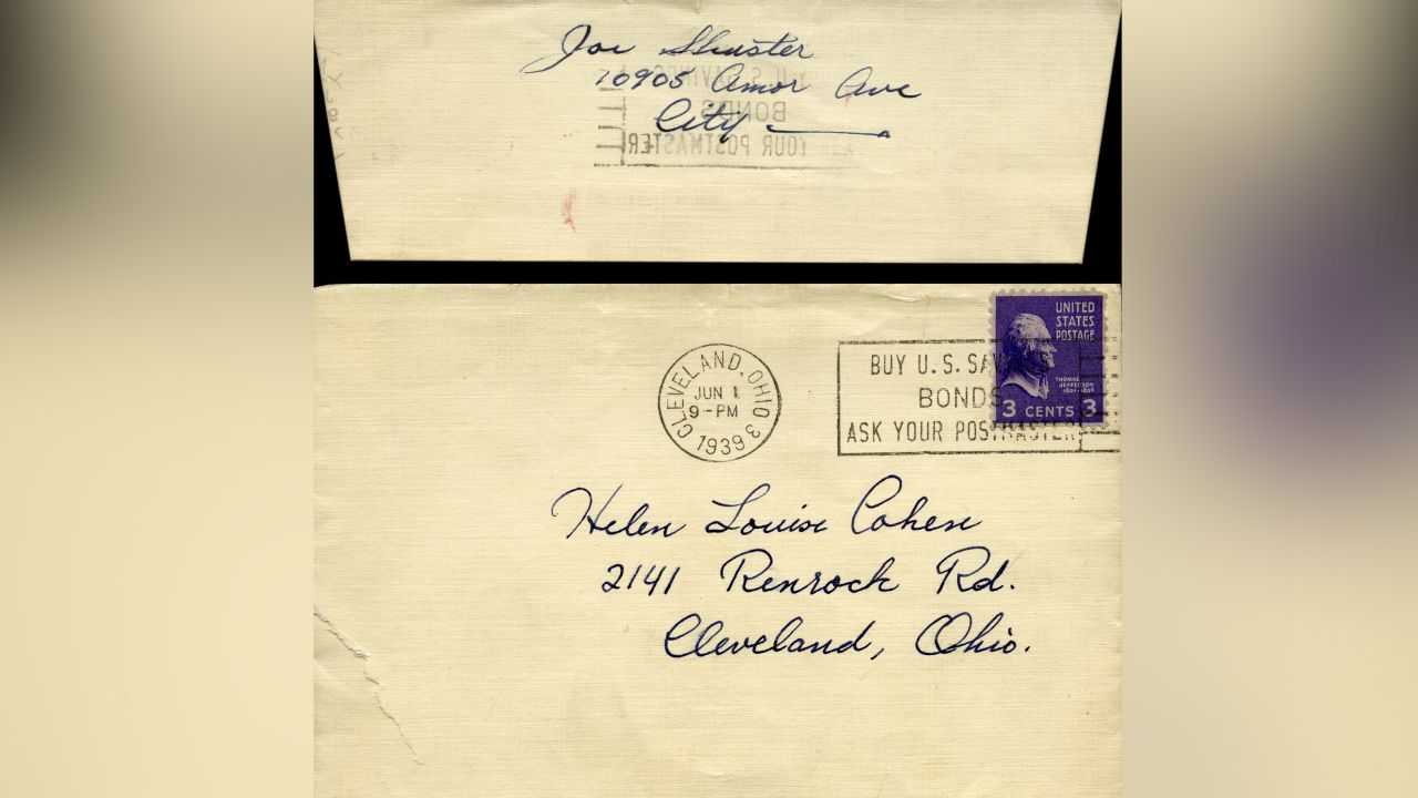 Envelope of missing letter from Joe Shuster to Helen Cohen, stamped June 1, 1939.
