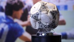 TOPSHOT - The match ball used in the 1986 FIFA World Cup Quarter-Final football match between Argentina and England, played at the Estadio Azteca, Mexico City, is pictured during a photocall ahead of its auction, at Wembley Stadium in London on November 1, 2022. - The ball that Diego Maradona used to score his infamous "Hand of God" World Cup goal for Argentina against England in 1986 will go under the hammer on November 16, and could fetch up to £3 million. The 1986 quarter-final between Argentina and England saw a heated build-up because of political tensions following the Falklands war and came to be defined by two contrasting goals scored by the late Maradona. (Photo by ISABEL INFANTES / AFP) (Photo by ISABEL INFANTES/AFP via Getty Images)