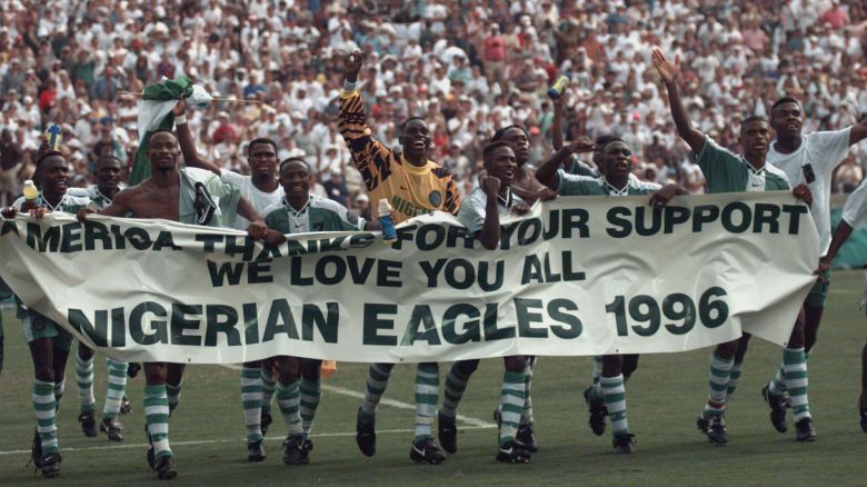 Members of the Nigerian team celebrate after defeating Argentina 3-2 during their Olympic gold medal soccer game in Athens, Ga. Saturday, Aug. 3, 1996. (AP Photo/Joe Cavaretta)