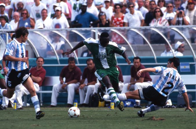 The final saw Nigeria take on an Argentina team that boasted stars including Hernan Crespo and Claudio Lopez, who both scored to give Argentina a 2-1 lead. But Daniel Amokachi, pictured, leveled 15 minutes from time before Emmanuel Amunike scored in the 90th minute to seal a dramatic 3-2 victory for the Super Eagles. 