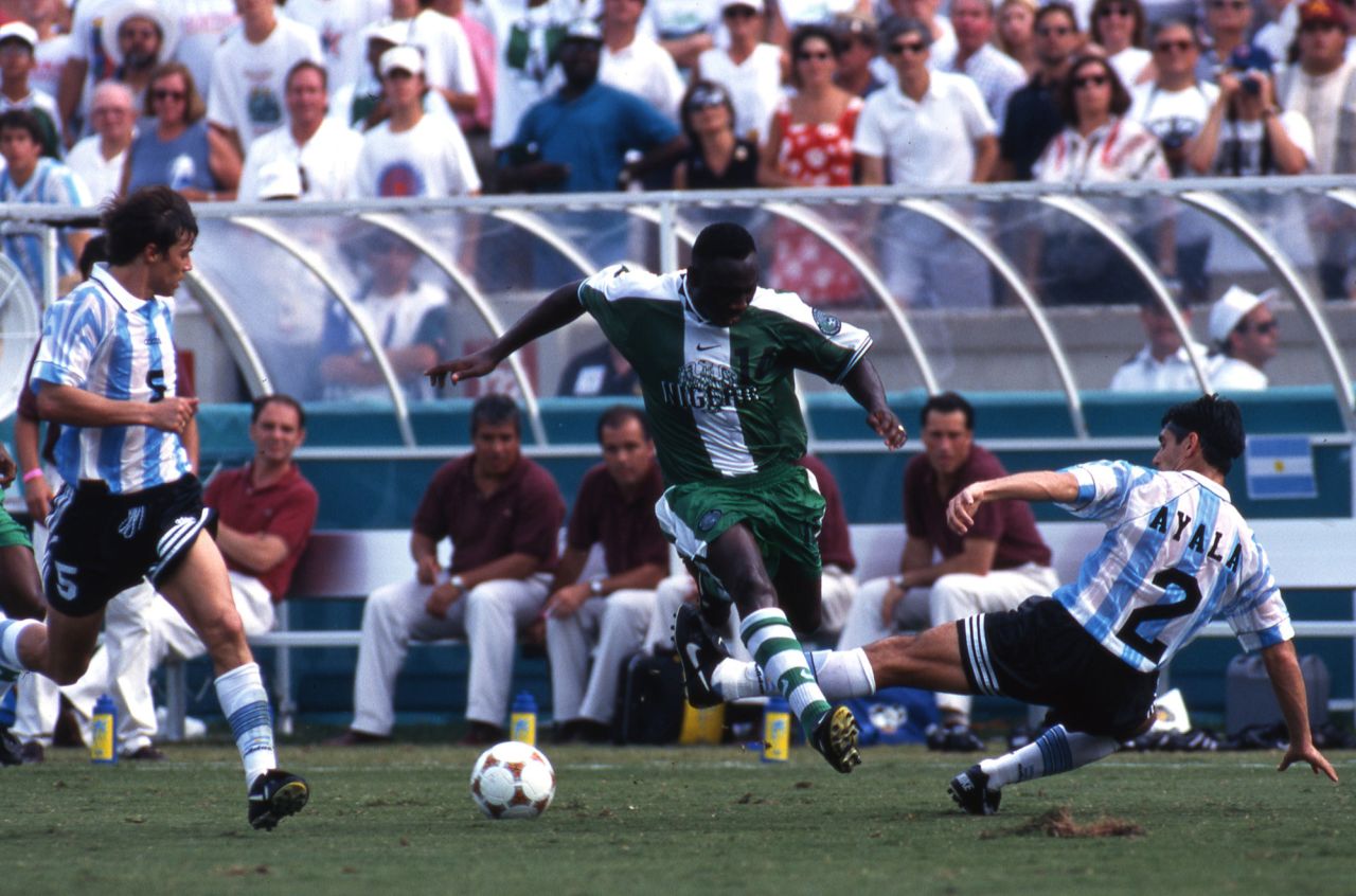 The final saw Nigeria take on an Argentina team that boasted stars including Hernan Crespo and Claudio Lopez, who both scored to give Argentina a 2-1 lead. But Daniel Amokachi, pictured, leveled 15 minutes from time before Emmanuel Amunike scored in the 90th minute to seal a dramatic 3-2 victory for the Super Eagles. 