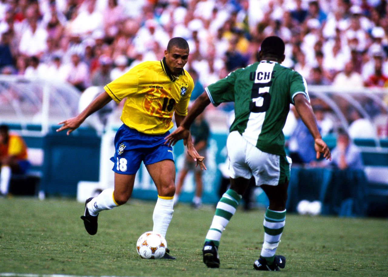 The semi final saw Nigeria face Brazil for the second time in the tournament. Despite having a squad that boasted stars like future two-time Ballon d'Or winner Ronaldo (pictured), Roberto Carlos and Rivaldo, Brazil were held to a draw after 90 minutes, and lost in extra time to a Kanu goal.