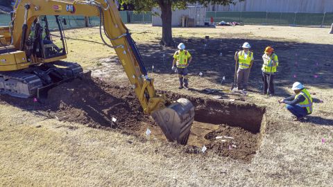 In this image provided by the City of Tulsa, crews work on an excavation at Oaklawn Cemetery searching for victims of the 1921 Tulsa Race Massacre on Wednesday, Oct. 26, 2022.
