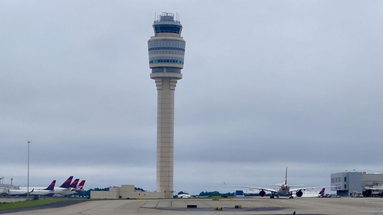 The air traffic control tower at Hartsfield-Jackson Atlanta International Airport where a plane carrying a passenger with box cutters was diverted.