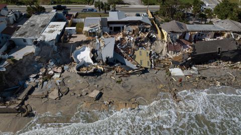 An aerial view of destroyed beachfront homes in the aftermath of Hurricane Nicole at Daytona Beach, Florida, on November 11, 2022. 