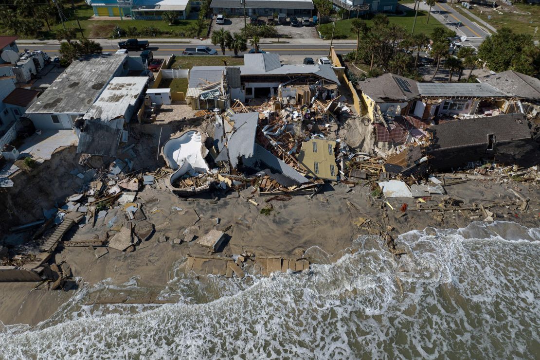 An aerial view of destroyed beachfront homes in the aftermath of Hurricane Nicole at Daytona Beach, Florida, on November 11, 2022. 