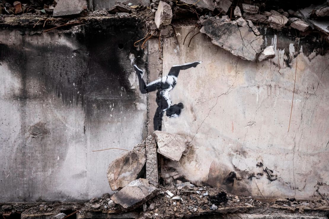 Borodianka, which was hit particularly hard by Russian airstrikes in the first few weeks of the conflict, was the first site in Ukraine where Banksy confirmed new street art.