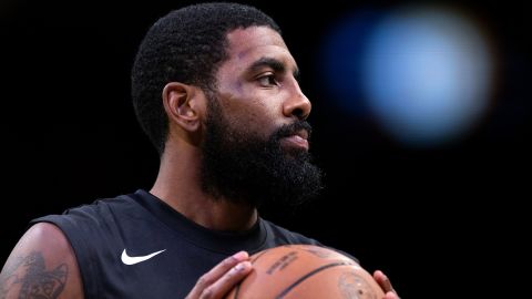 Irving warms up before the game against the Indiana Pacers at Barclays Center.