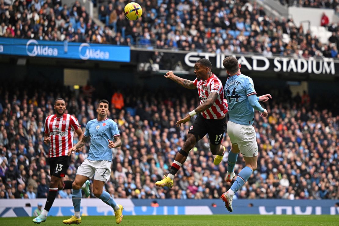 Toney scores his team's first goal.