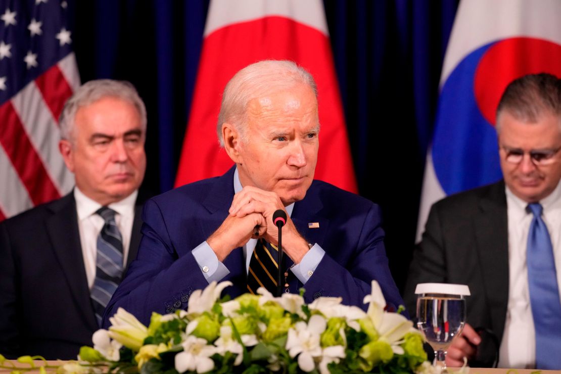 U.S. President Joe Biden meets with South Korean President Yoon Suk Yeol, left, and Japanese Prime Minister Fumio Kishida on the sidelines of the Association of Southeast Asian Nations (ASEAN) summit, Sunday, Nov. 13, 2022, in Phnom Penh, Cambodia. (AP Photo/Alex Brandon)