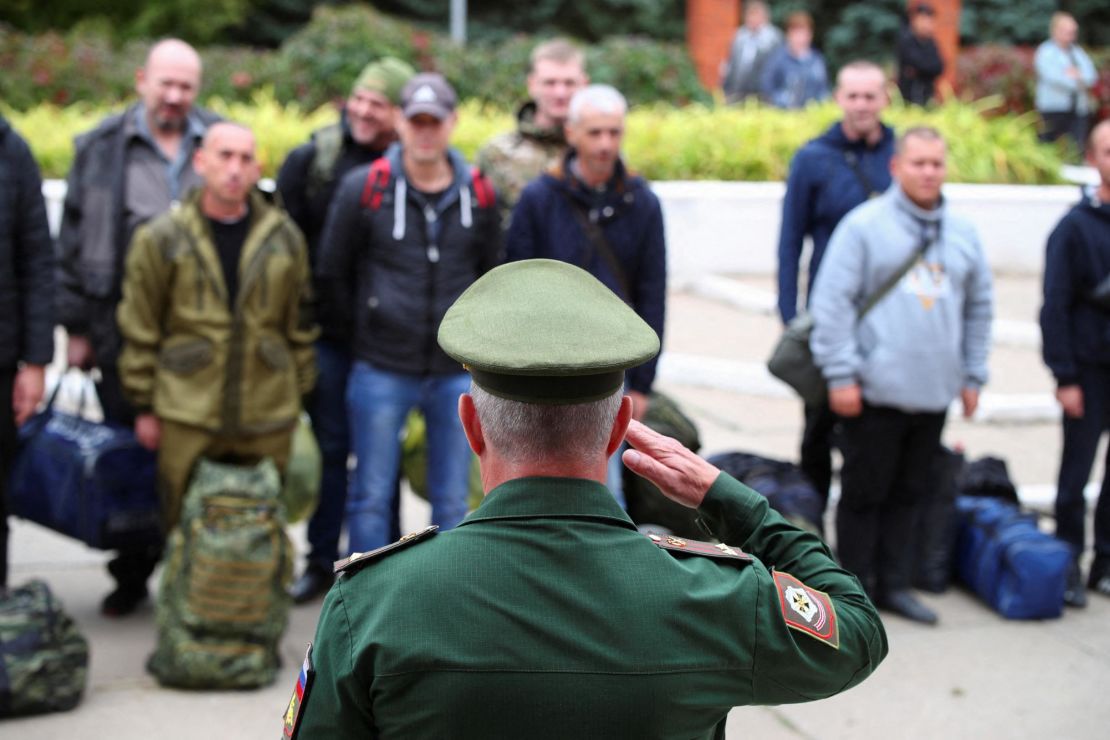 A Russian serviceman addresses reservists at a gathering point in the town of Volzhsky in the Volgograd region, Russia, on September 28.