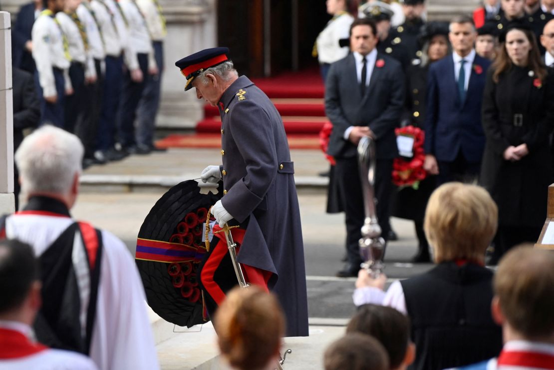 King Charles lays a wreath as he attends the Remembrance Sunday ceremony at The Cenotaph on Whitehall on November 13, 2022.