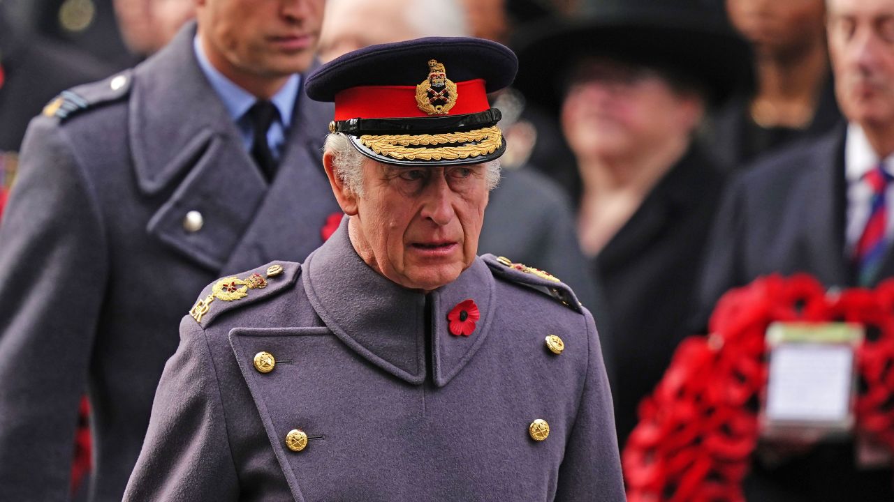 King Charles during the Remembrance Sunday service at The Cenotaph in London on November 13, 2022.