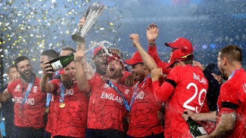 England celebrate with the ICC Men's T20 World Cup Trophy.